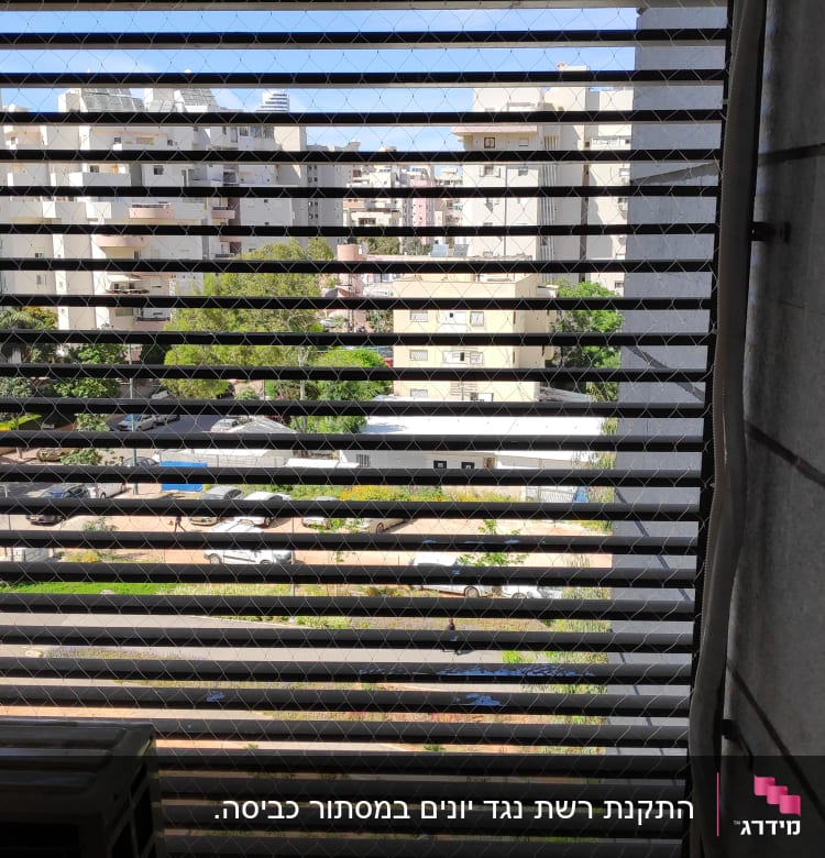 רשת נגד יונים מותקנת על חלון עם תריסים